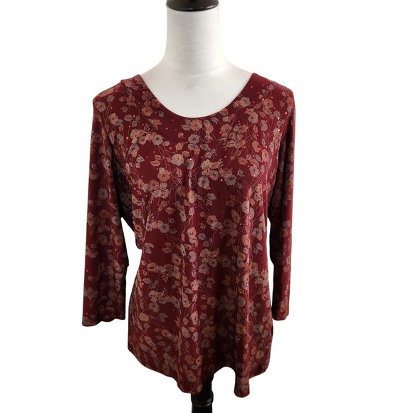 Susan Graver Tops - Susan Graver Burgundy Floral 3/4 Sleeve Sequin Top Size Medium Fall Autumn Shirt
